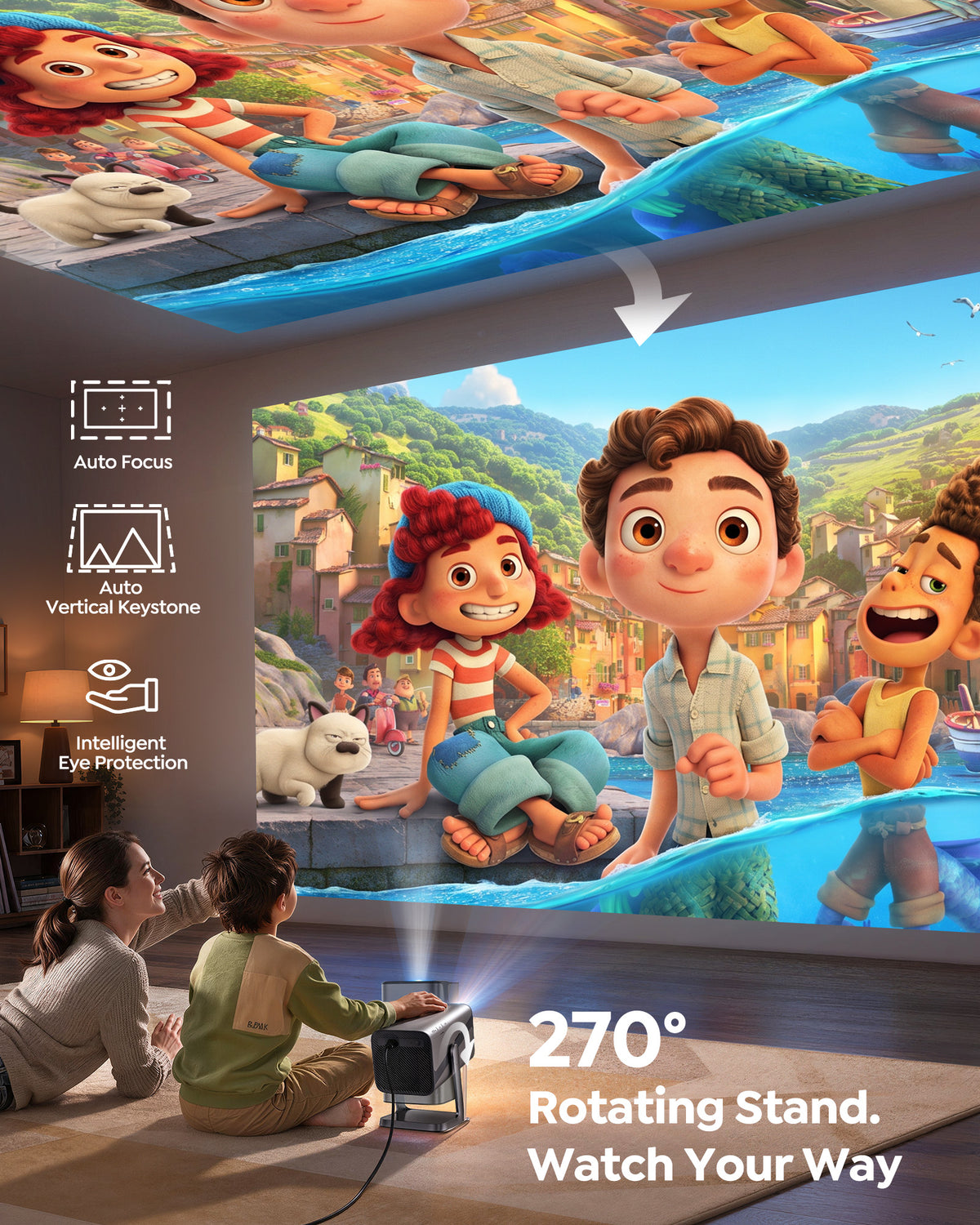 Smart Mini Projector [Built-in Apps/4K Support] with WiFi and Bluetooth, Movie Projector