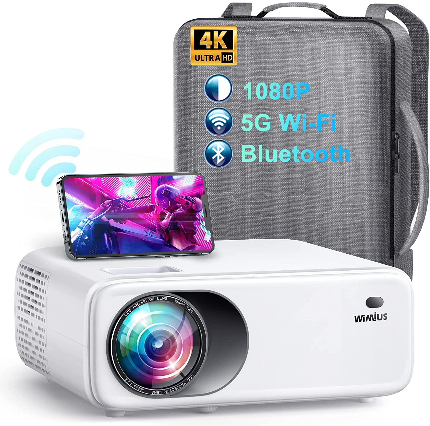 5G WiFi Bluetooth Projector, WiMiUS W6 Native Full HD 1080P Projector Support 4K, 400 ANSI Lumen, 4P/4D Keystone, 50% Zoom, Outdoor Movie Projector Home Theater Video Projector for PPT, TV Stick, PS4